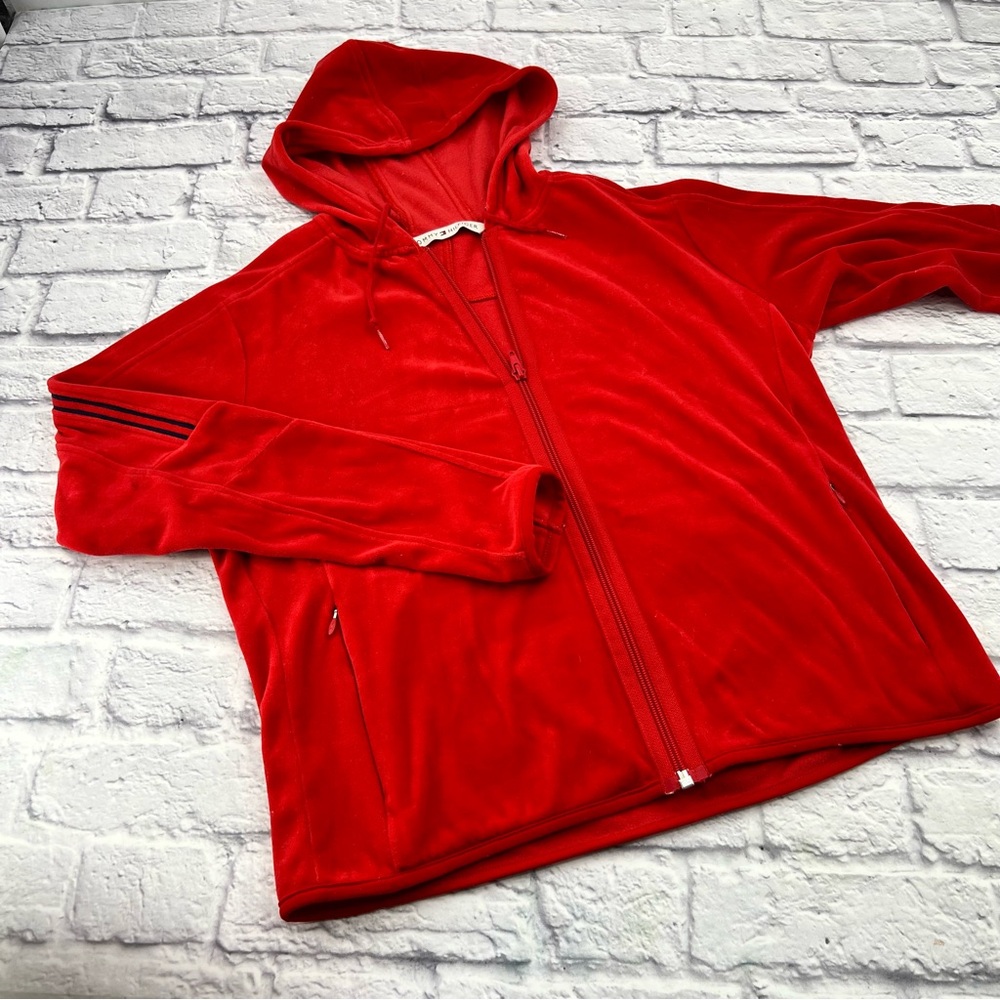 Tommy Hilfiger XL Classic Velour Full Zip Up Hoodie Red Soft & Cozy